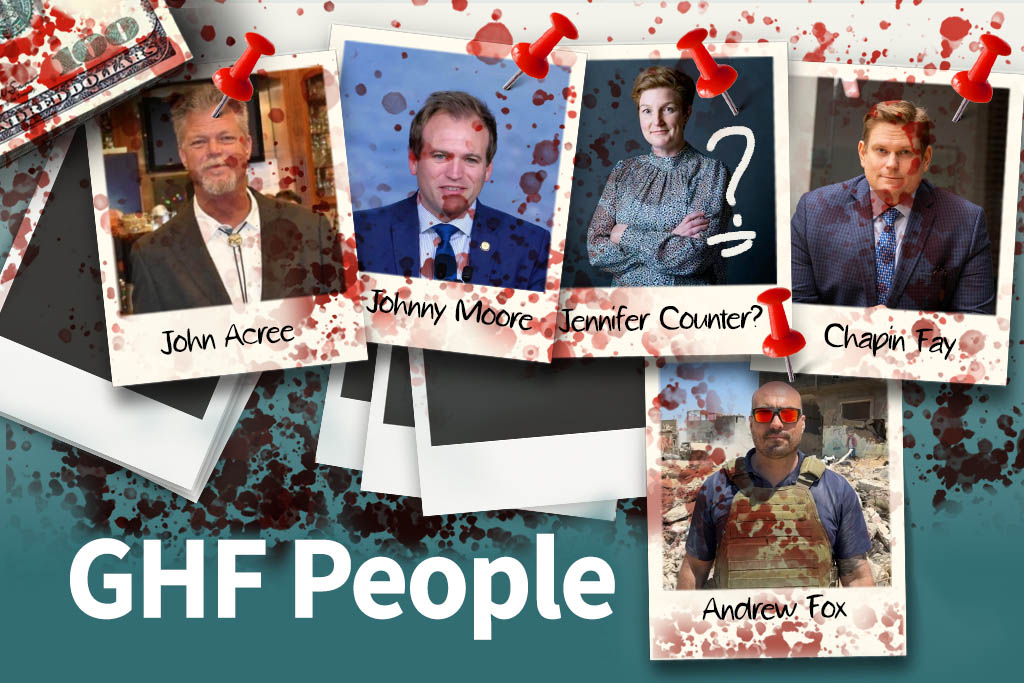 Image of several people connected to GHF with a pile of money. Stained in blood and with bullet holes. Text over the image says GHF People.